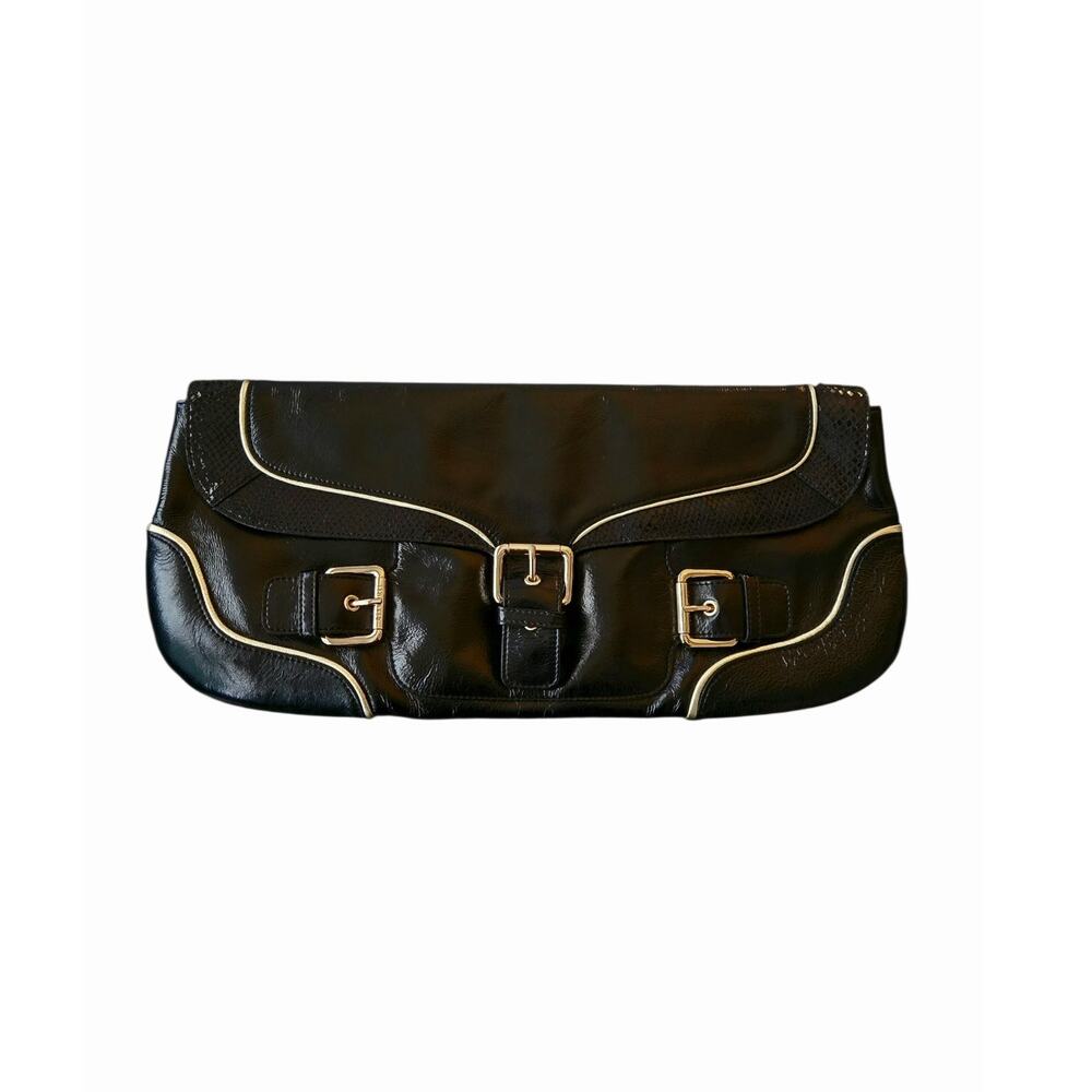 Y2K Going Out Oversized Patent Leather Clutch Purse Black Gold Buckle Ted Baker